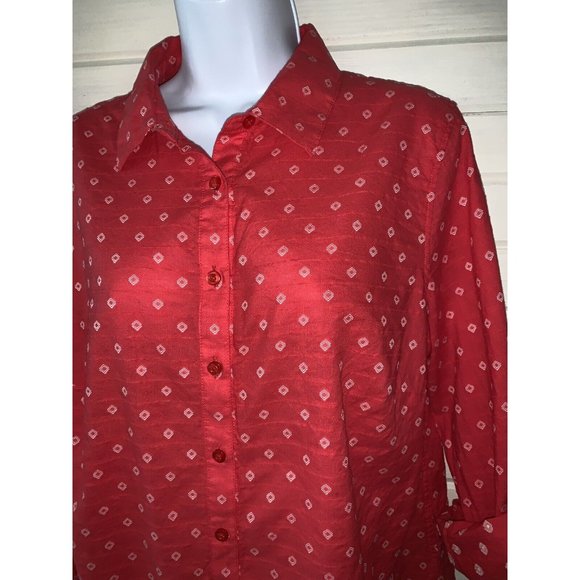 Talbots Sz PLUS X Red Embroidered Popover Blouse Top Roll Tab Sleeves EUC - Picture 1 of 11